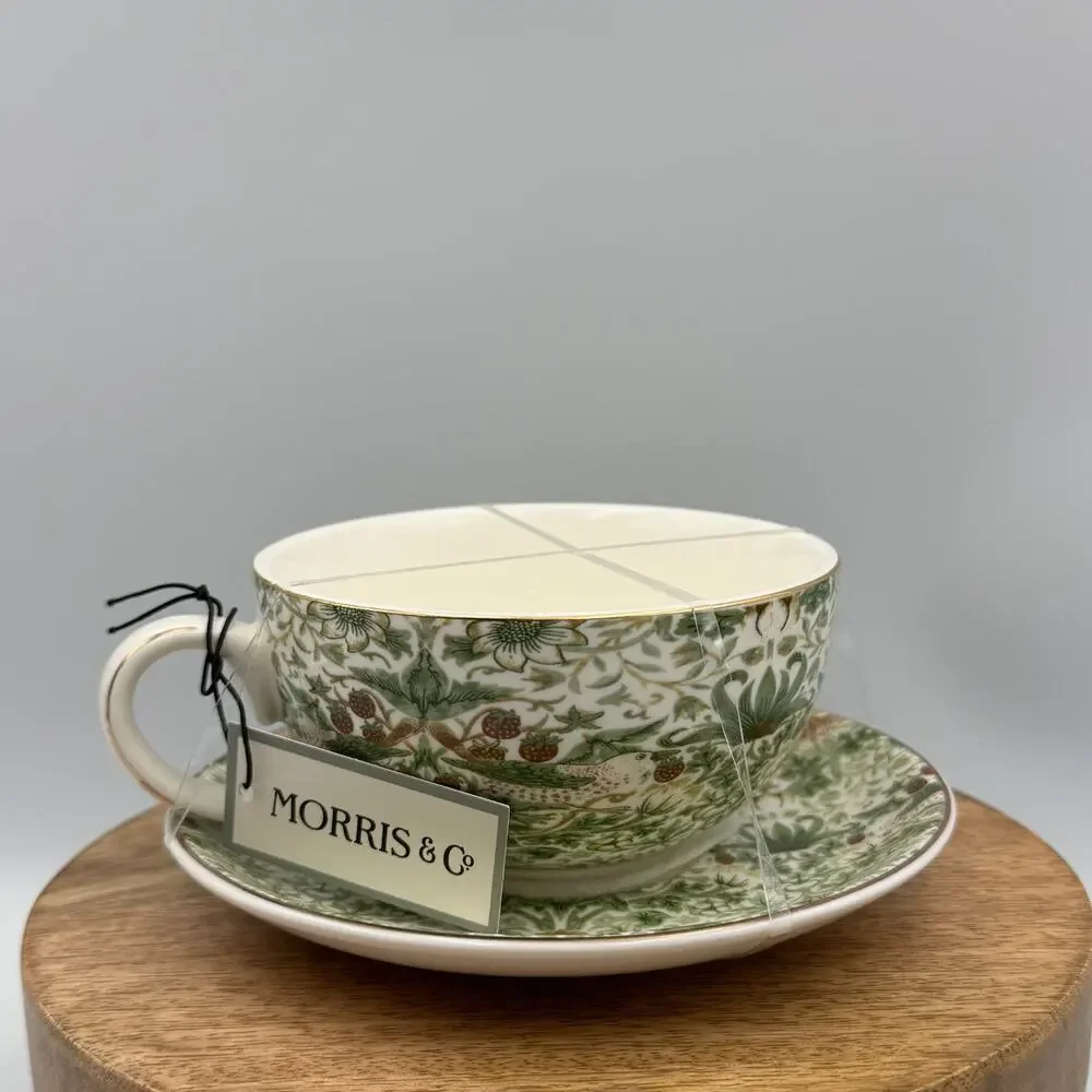 William Morris & Co Strawberry Thief Green Floral Teacup & Saucer Set NWT
